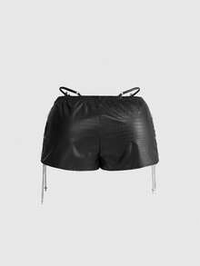 ROMWE Avant Quần short nữ cỡ lớn kiểu retro gyaru biker, chất liệu PU, cạp thấp, ôm sát. - Màu xám đen - Xem 2