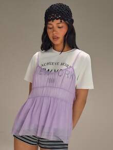 Athîral 女士休闲度假针织白色紫色花卉印花网眼T恤上衣，春夏款 - 淡紫色 - 查看 1