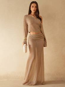 Silquee Chân váy đuôi cá xếp ly mỏng nhẹ cạp thấp màu kaki, kiểu dáng thanh lịch và gợi cảm, thích hợp cho đi biển, hẹn hò, tiệc tùng, tiệc cocktail, họp mặt, lễ hội âm nhạc. - Màu Khaki - Xem 4