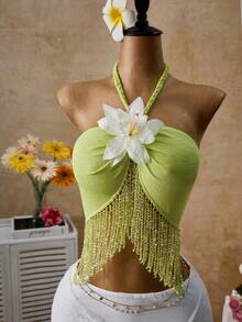 Femesol Women's Vacation Beach Floral Decor Tassel Hem Backless Halter Top - Green - View 6