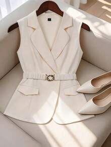Franclia Áo khoác blazer mỏng dành cho nữ cỡ lớn, cổ chữ V hai mặt, thắt lưng nhún eo với khóa kim loại, gấu áo có thể mở, túi, kiểu dáng thanh lịch Pháp lãng mạn cổ điển, phù hợp cho công sở, đi biển, phong cách tối giản, đa năng, bộ sưu tập Xuân/Hè mới. - Màu be - Xem 6