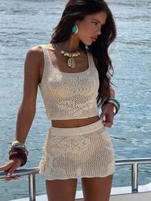 Swim Chiccia Apricot Hollow-Out Jacquard Floral & Plant Element Design Vest With Waist Tassel Drawstring Tie Skirt, Women Elegant Resort Beach 2-Piece Set - Apricot - View 7