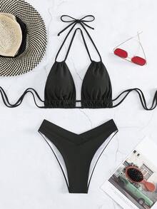 Oceva Bikini cổ yếm tối giản màu trơn dành cho nữ - màu đen - Xem 4