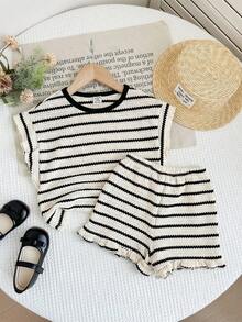 LMoss Kids 2件套女婴针织条纹圆领休闲T恤和短裤套装 - 黑與白 - 查看 4