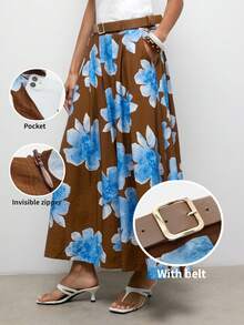 Maija 2026夏季新款卡其色百褶喇叭裙，PU皮革金属腰带设计，优雅休闲百搭，适合婚礼宾客、办公室、日常穿着、海滩、音乐节、派对、独立日、Y2K风格圣帕特里克节等场合。 - 彩色 - 查看 6