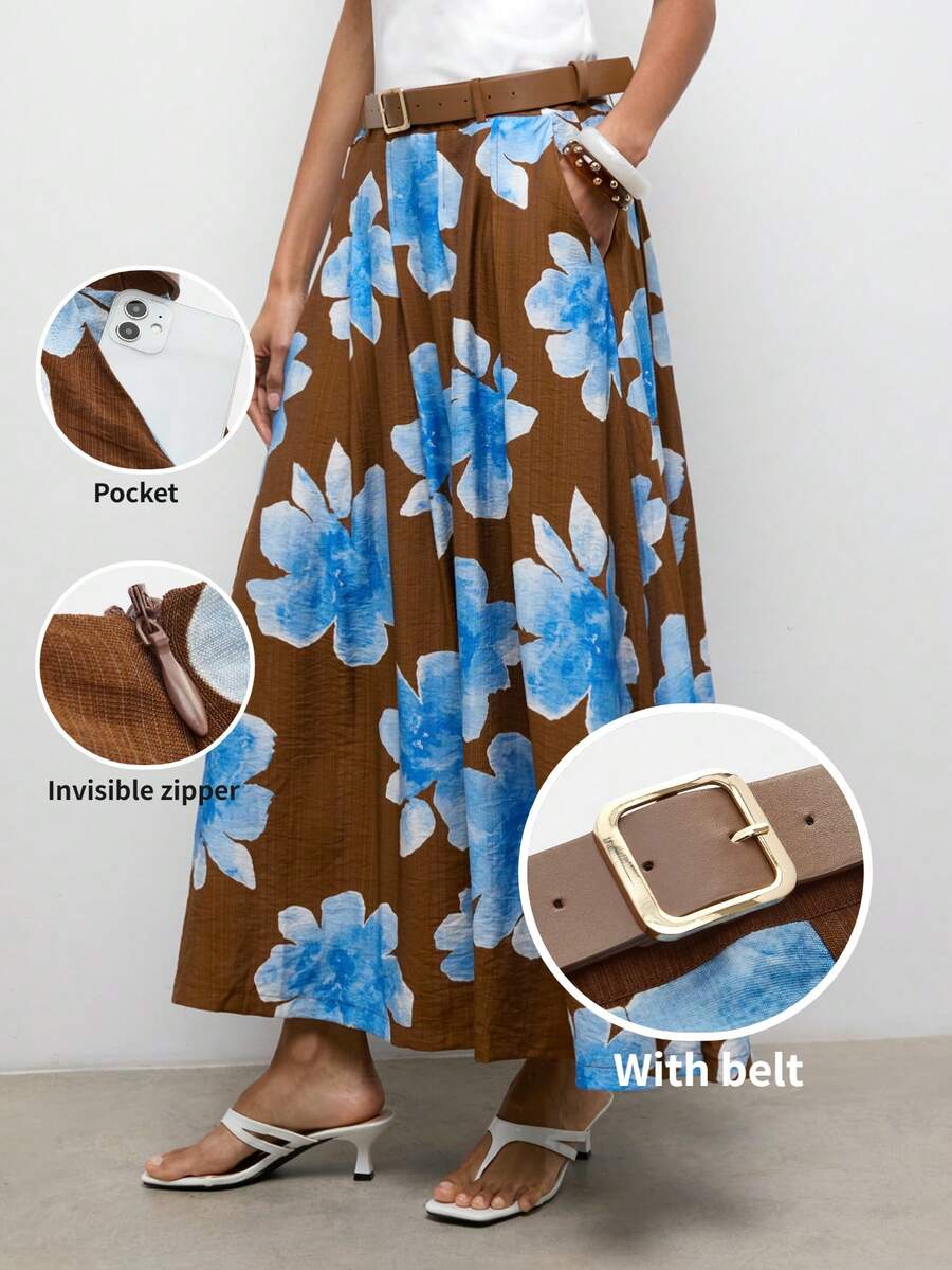 Maija 2026夏季新款卡其色百褶喇叭裙，PU皮革金属腰带设计，优雅休闲百搭，适合婚礼宾客、办公室、日常穿着、海滩、音乐节、派对、独立日、Y2K风格圣帕特里克节等场合。 - 彩色 - 查看 1