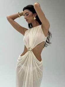 Aloruh 女士春夏新款杏色罩衫连衣裙，长款垂褶设计，金属装饰纽扣，优雅性感薄纱沙滩裙 - 杏色 - 查看 9