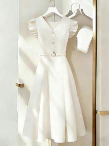 GlowEve 女士优雅缎面V领荷叶边袖口系带中长连衣裙，浪漫适合派对、婚礼季和夏季 - 杏色 - 查看 6