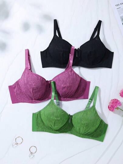 Bộ 3 món áo ngực cỡ lớn màu trơn gợi cảm phối ren, khoét rỗng ở giữa phía trước, nơ thắt cổ nâng đỡ tốt, có gọng.