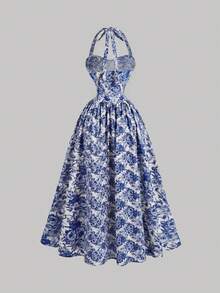 Qadelle Elegant Floral Print Backless Halter Dress, Summer - White - View 2