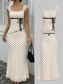 Girlism Teen Girl Summer Casual Vacation Knit Mesh Polka Dot Print Top And Fish Tail Skirt 2 Pieces Set, Polka Dot Set, Skirt Sets - Apricot - View 9