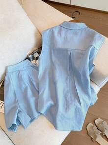 Airaco Bộ đồ nữ mùa hè kiểu dáng thường ngày, áo tank top và quần short màu trơn, gồm 2 món. - Màu xanh nhạt - Xem 2