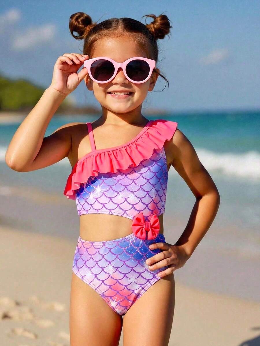 SHEIN 女童鱼鳞印花蝴蝶结荷叶边连体泳衣，适合游泳、夏季度假、海滩和海边穿着。 - 玫紅色 - 查看 1