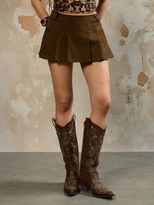 Rina Fox 女士复古高腰棕色百褶A字迷你裙，学院风显瘦款 - 棕色 - 查看 3