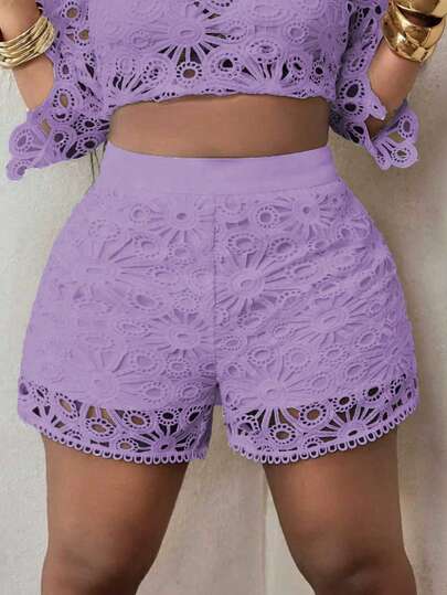 Maweii Plus Size Elegant Solid Color Lace Shorts, Summer