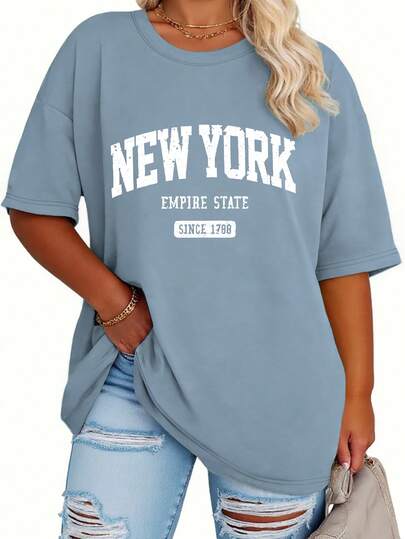 EMERY ROSE Plus Size Casual Women New York Letter Print Loose Mid-Length Short Sleeve Round Neck T-Shirt Women's Graphic Tees Vintage T Shirts Women