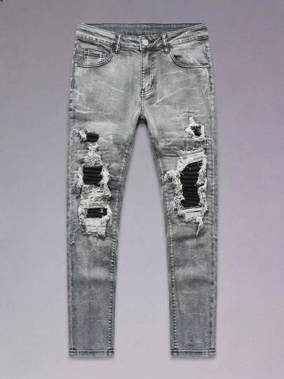 DSELFIQUE 男士破洞磨边紧身牛仔裤，纯色修身长款浅灰色工装牛仔裤，适合送给老公、男朋友的礼物