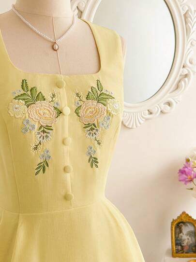 Vintamour Robe d'été vintage élégante pour femmes avec poches, broderie florale, col carré à fines bretelles, robe décontractée d'été pour vacances. Tenues d'été, robes d'été, robes de Pâques, tenues de printemps, robes de printemps, tenues de vacances, robes d'été, robes d'été habillées, tenues de vacances élégantes, tenues de vacances d'été, tenues de vacances pour femmes