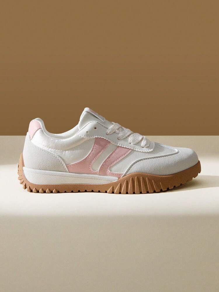 CUCCOO EASI Contrast Color Solid Preppy Casual Gym Sneakers For Women, Lace-Up Brown Patchwork Flat Casual Shoes, Retro Fashion Outdoor Sports Running Shoes