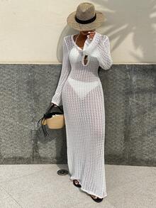 Livesso Áo khoác ngoài dài tay ôm sát người, cổ chữ V sâu, hở lưng, chất liệu vải có họa tiết, hơi xuyên thấu, dành cho nữ, thích hợp mặc đi biển hoặc mặc ngoài đồ bơi. - Màu be - Xem 6