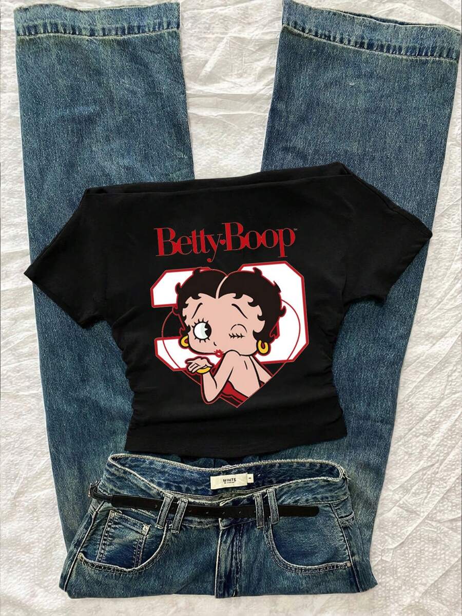 Betty Boop x SHEIN SHEIN Attitoon Women's Casual Waist Ruched Off-Shoulder Betty Collab Tight Fit Short Sleeve T-Shirt, Suitable For Summer, Chic, Y2K - Black - View 1