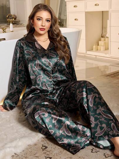 SHEIN MuseNap CURVE 大码女士优雅仿丝绸开襟长袖睡衣套装