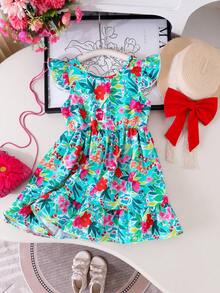 Elladie kids Young Girls Sleeveless Flounce Green Floral Print Short Dress With Big Bow Back Ruffle Hem Round Neck Vacation Style Squishy Summer Outfits - Green - View 7