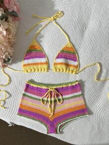 Swim Vcay Bộ đồ đi biển gồm 2 món: áo hai dây và quần đùi cạp thấp kẻ sọc nhiều màu sắc, thích hợp cho mùa xuân/hè. - Nhiều màu - Xem 1