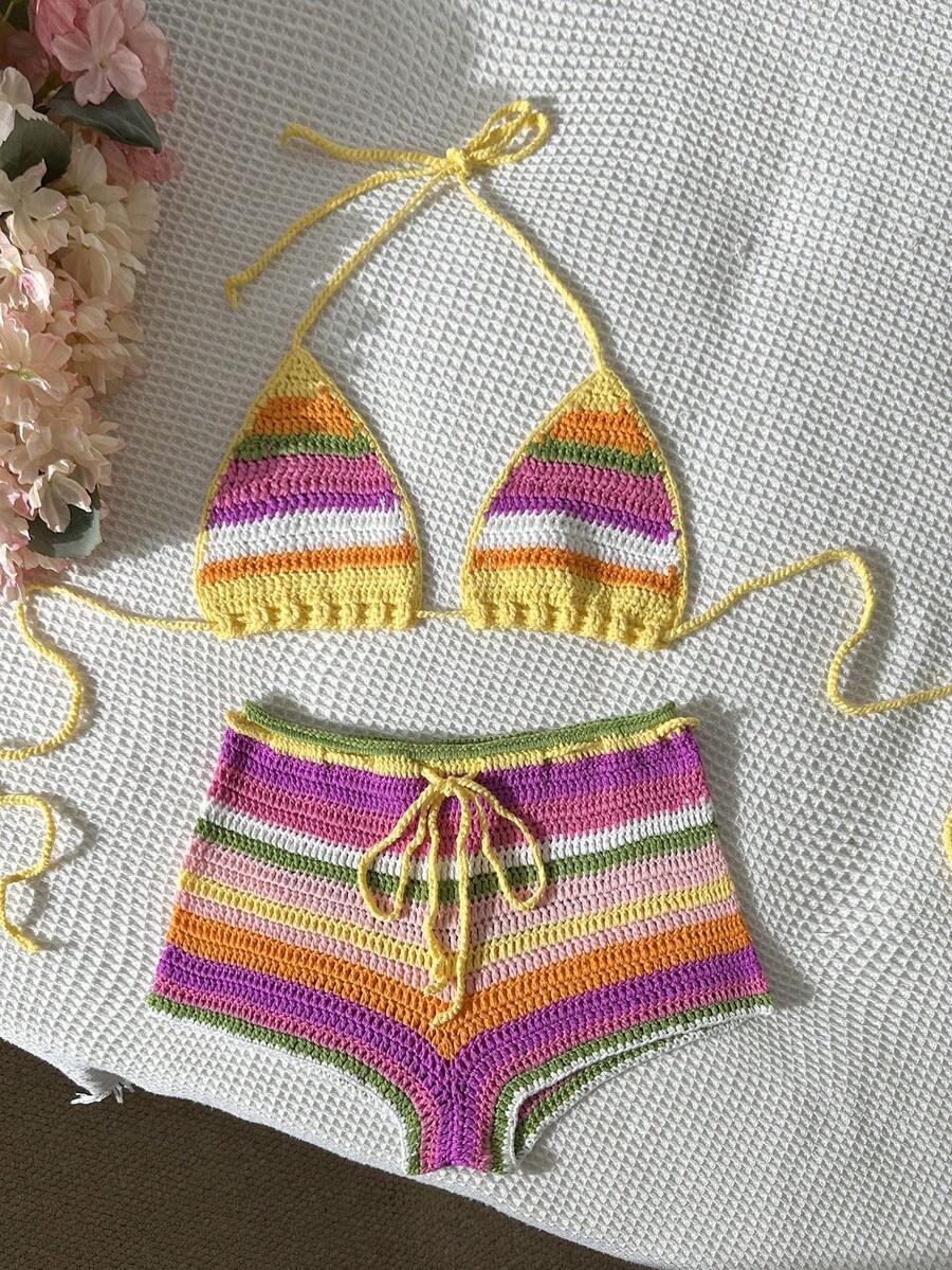 Swim Vcay Bộ đồ đi biển gồm 2 món: áo hai dây và quần đùi cạp thấp kẻ sọc nhiều màu sắc, thích hợp cho mùa xuân/hè. - Nhiều màu - Xem 1