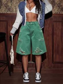 SHEIN ICON Women's Pocket Button Distressed Casual Versatile Daily Wear Denim Shorts - Green - View 3