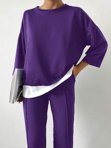 Cottnline 2pcs Women Casual Set: Contrast Color Round Neck Drop Shoulder 3/4 Sleeve T-Shirt And Pants - Purple - View 6