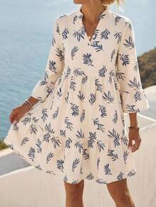 EMERY ROSE Women's Tropical Plant Pattern Flare Sleeve Casual Dress - Blue and White - View 8