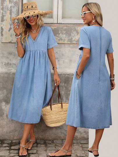 Brillora Damen V-Ausschnitt Kurzarm Lässig Denim Kleid