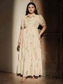 Anewsta 杏叶刺绣领花瓣袖女式连衣裙 - 杏色 - 查看 6