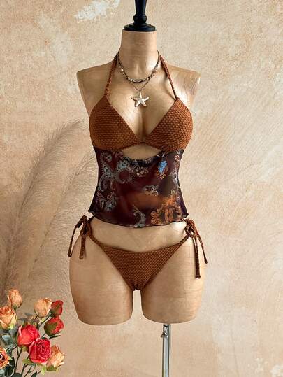 Soleia 女士夏季沙滩拼接腰果花卉印花露背系带时尚吊带泳衣套装