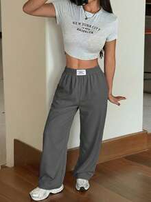SHEIN EZwear Loose Casual Vacation Straight Leg Gray Pants, Spring/Summer - Grey - View 3