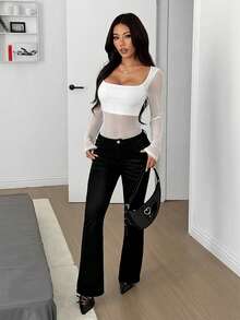 SHEIN EZwear 女士网眼拼接针织连体衣 女士长袖上衣 女士上衣 女士紧身衣 - 白色 - 查看 4