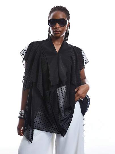 SHEIN EZwear Plus Size Women's Coffee Brown Ruffle Collar Button Front Mesh Splice Elegant Bohemian Style Blouse