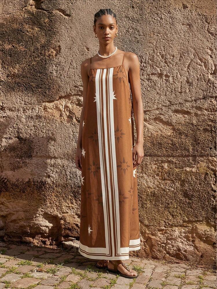 SHEIN Maija Women's Minimalist Print Spaghetti Strap Mid-Length Dress  St Patrick's Day Women Easter Summer Outfits Easter Dress Women Party Top Beach Dress Summer Holiday Outfits Each Vacation Outfits For Women  Summer Outfit For Women Going Out Outfits Graduation Graduation Outfit  Casual Dresses  Casual Blouses For Women Brown Maxi Dress Beach Long Dress