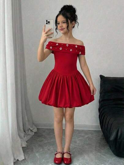 SHEIN Tween Girls' Spring/Summer New Year, Birthday Party, Back To School, Graduation Party Elegant Elegant Exquisite Beaded Contrast Color Splice Off-Shoulder Ruched Puff Dress, Elegant Casual Solid Color Knit Dress, Valentine's Day Dress, Wedding Season Dress