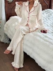 CottageSlumber 女士春秋季爱心印花翻领长袖睡衣套装 - 杏色 - 查看 5