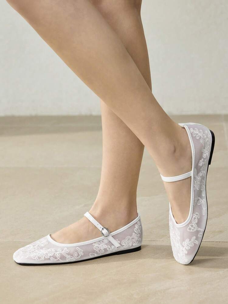 LADIES ELEGANT VERSATILE COMMUTER MESH FLORAL EMBROIDERED BUTTON FLATS FOR HOLIDAY WEAR