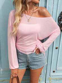 SHEIN LUNE 女士休闲薄纱防晒衬衫，轻薄夏季度假/通勤/日常基本款时尚外套，长袖单肩抽绳可爱T恤 - 粉色 - 查看 3