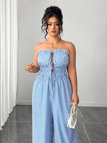 SHEIN Tall CURVE 大码女式条纹扭结抹胸休闲日常连体裤 - 藍白色 - 查看 5