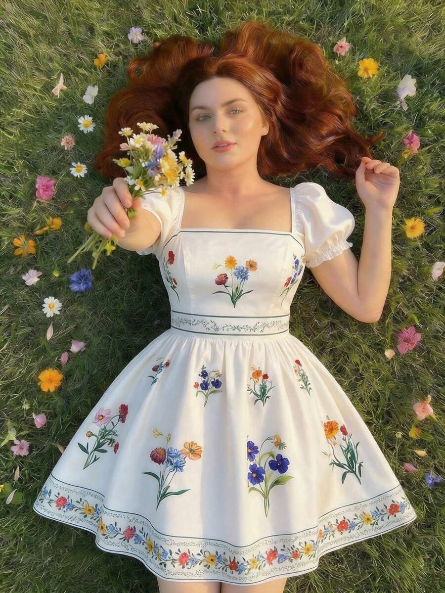 SHEIN MOD 大码女式花卉印花波西米亚风格长裙，适合度假，浪漫夏季服装，女士度假装，沙滩装，西式服装，女式印花长裙 - 杏色 - 查看 1