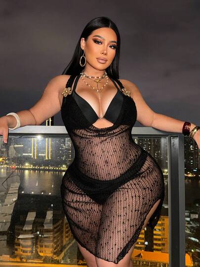 Swim SXY Plus Size European And American Style Swimsuit Set, Halter Deep V Backless Mesh Sheer Beach Cover Up For Women