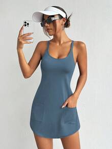 Easithlete 女士纯色二合一连衣裙，带口袋，运动风 - 淺藍色 - 查看 2