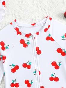 1 pieza Traje de baño de una pieza de manga larga para bebé/niña con cierre, moño lindo y estampado floral, incluye sombrero - Blanco - Ver 5