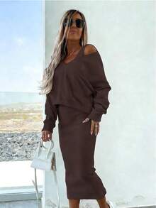 INAWLY 2 件套女士套装：纯色落肩长袖运动衫和无袖连衣裙 - 咖啡棕 - 查看 4