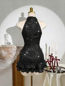 Franclia Đầm ôm sát không tay, màu đỏ tía đính sequin, cổ yếm, co giãn, gợi cảm dành cho nữ/Hẹn hò/Tiệc tùng/Hộp đêm/Dạo phố/Halloween/Ngày Valentine/Đầm thanh lịch/Đầm Giáng sinh/Đầm sinh nhật/Hộp đêm/Đầm dự tiệc/Lễ hội năm mới/Mùa xuân/Mùa hè/Mùa thu/Mùa đông. - màu đen - Xem 2